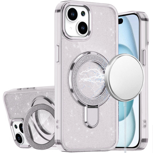 IP 15 Transparent Glitter Rotaional Magnetic Ring Stand Case Clear