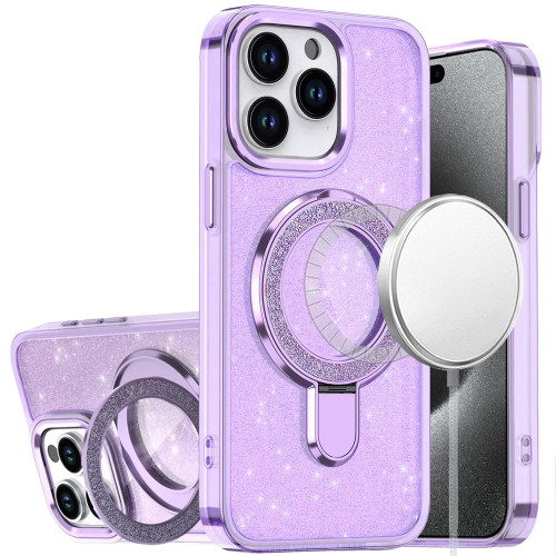 IP 15 Pro Max Transparent Glitter Rotaional Magnetic Ring Stand Case Purple