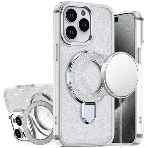IP 15 Pro Max Transparent Glitter Rotaional Magnetic Ring Stand Case Clear