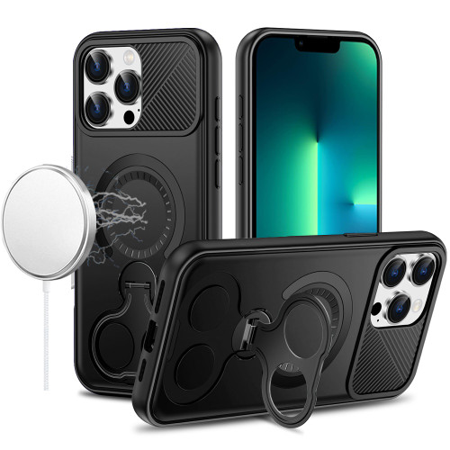 IP 13 Pro Max Car Mount with 2-Ring Stand Hybrid Case Black