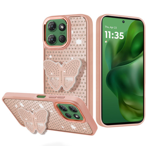 Moto G Power 5G 2025 Butterfly Grip Stand Small Diamonds Hybrid Rose Gold