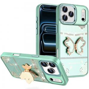 IP 17 Pro Max Splendid Glitter Butterfly Stand Metallic Edges Case Teal
