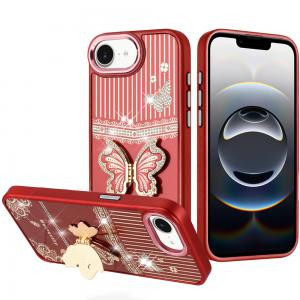 IP 17E / 16E / SE4 Splendid Glitter Butterfly Design Stand Metallic Edges Case Red