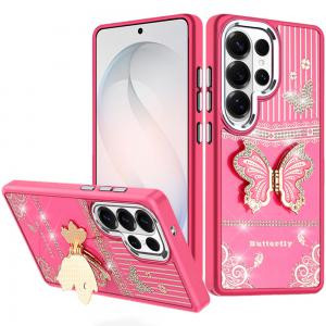 SAM S26 Ultra Splendid Glitter Butterfly Design Stand Metallic Edges Hybrid Case Hot Pink
