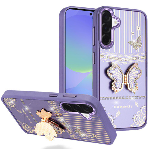 SAM A37 Splendid Glitter Butterfly Design Stand Metallic Edges Case Purple