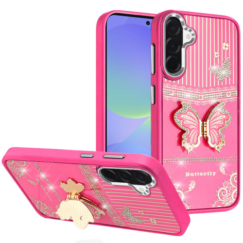 SAM A57 Splendid Glitter Butterfly Design Stand Metallic Edges Case Hot Pink