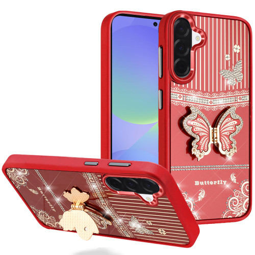 SAM S25 FE Splendid Glitter Butterfly Design Stand Metallic Edges Case Red