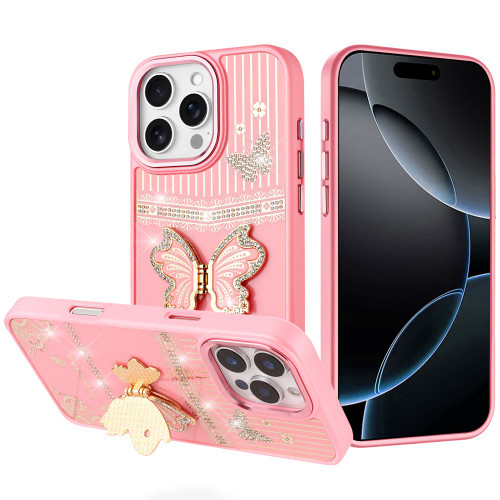 IP 17E / 16E / SE4 Splendid Glitter Butterfly Design Stand Metallic Edges Case Light Pink