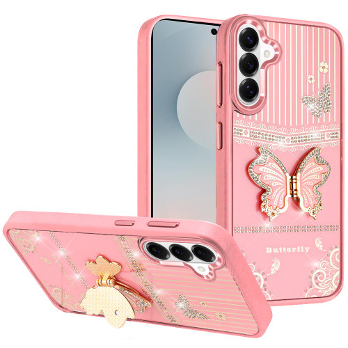 SAM S26 Splendid Glitter Butterfly Design Stand Metallic Edges Hybrid Case Light Pink