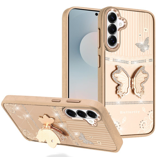SAM S26 Splendid Glitter Butterfly Design Stand Metallic Edges Hybrid Case Gold