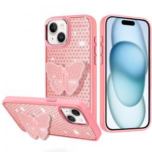 iP 15 Butterfly Moveable Grip Stand With Small Diamonds Pink