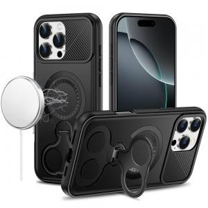 iP 16 Pro Max Car Mount with 2-Ring Stand Hybrid Case Black