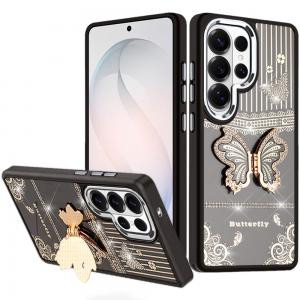 Sam S26 Ultra Splendid Glitter Butterfly Design Stand Metallic Edges Hybrid Case Black