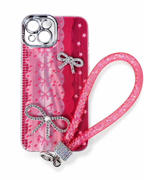 IP 17 Pro Max Glitter Hand Strap Ribbon Case Red