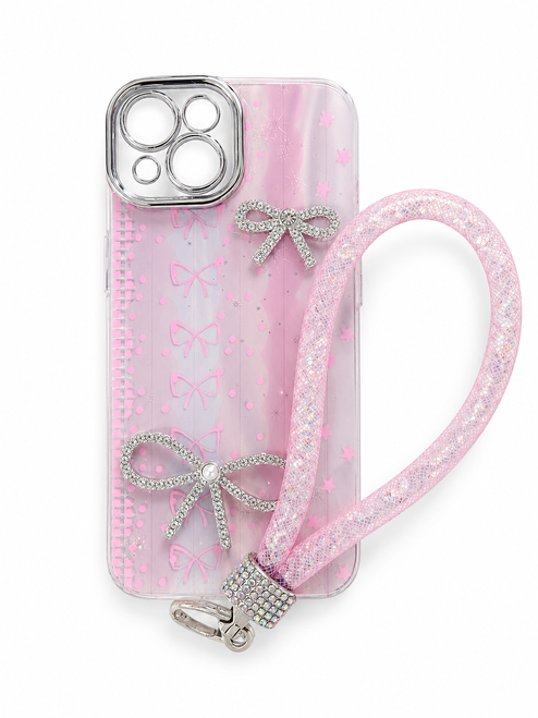 iP 16e/17e Glitter Hand Strap Ribbon Case Pink