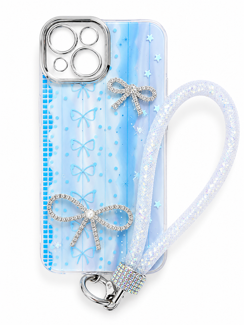IP 15 Glitter Hand Strap Ribbon Case Light Blue