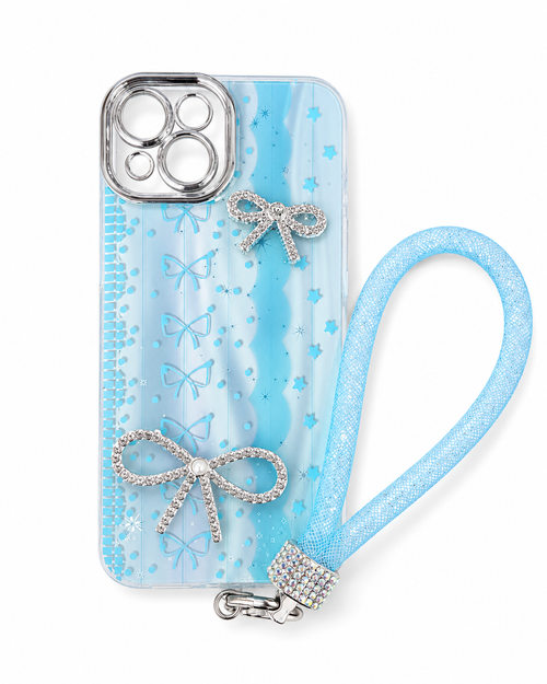IP 15 Glitter Hand Strap Ribbon Case Teal