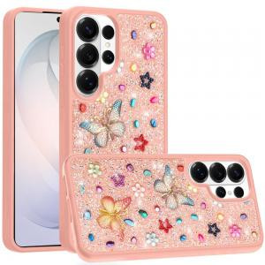 Sam S26 Ultra Butterfly Ornaments Diamond Bling Glitter Hybrid Case Light Pink