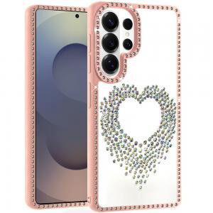 Sam S26 Ultra Beautiful Angel Hearts Glitter Diamond Edged Case Pink