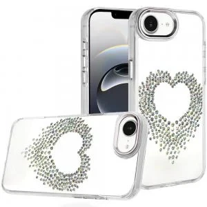 iP 17E / 16E / SE4 Angel Hearts Bling Shimmer Glitter Chrome Hybrid Case Silver