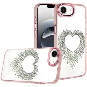 iP 17E / 16E / SE4 Angel Hearts Bling Shimmer Glitter Chrome Hybrid Case Rose Gold