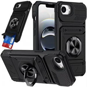 iP 17E / 16E / SE4 Multi-Functional Card Slot Metal Ring Case Black