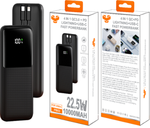 10000 MAH 22.5W Power Bank W/ Built-in 2 Cable