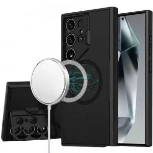 Sam S24 Ultra Ring Circle Camera Cap Kickstand Hybrid Matte Finish Case Black