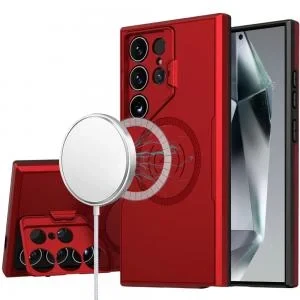 Sam S24 Ultra Ring Circle Camera Cap Kickstand Hybrid Matte Finish Case Red