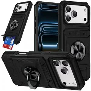 iP 17 Pro Max Multi-Functional Card Slot Ring Hybrid Case Black