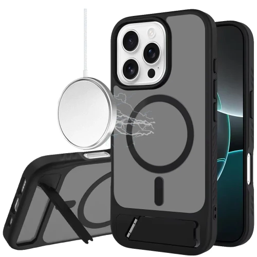 IP 16 Pro Max Matte Magnetic Metal Kickstand Case Black