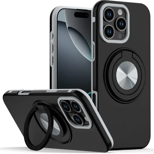 IP 16 Pro Max Metal CD Pattern Matte Finished Hybrid with Rotational Car mount friendly Case Black