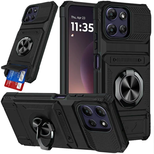 Moto G Power 5G 2025/2026 Multi-functional Card Slot Ring hybrid Case Black