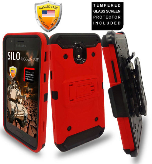 Samsung Galaxy J3(2018)MM Silo Rugged Case Red(Tempered Glass Included)