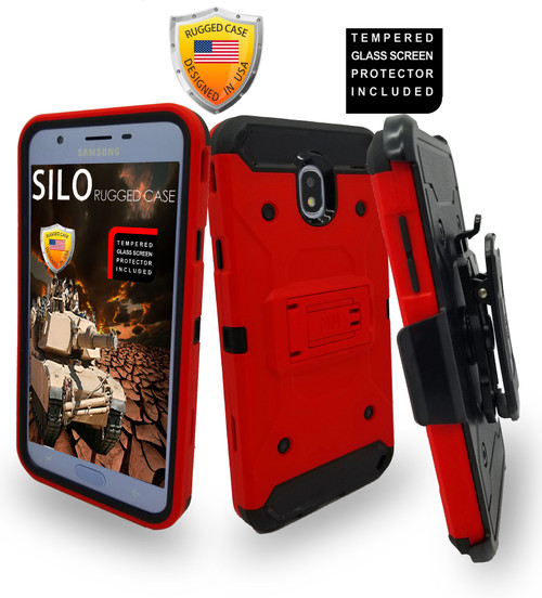 Samsung Galaxy J7 Star/Refine/(2018) MM Silo Rugged Case Red(Tempered Glass Included)