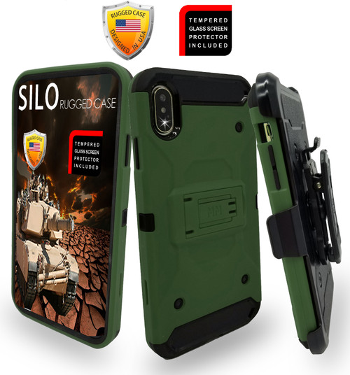 iPhone XS MAX MM Silo Rugged Case Army Green(Full Covered Tempered Glass Included)