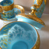 SOLD! - ANTIQUE Gorgeous MOSER Floral Gilt Gold Enamel French Bohemian Blue Opaline Glass Miniature Tea Cup & Saucer Dish Plate