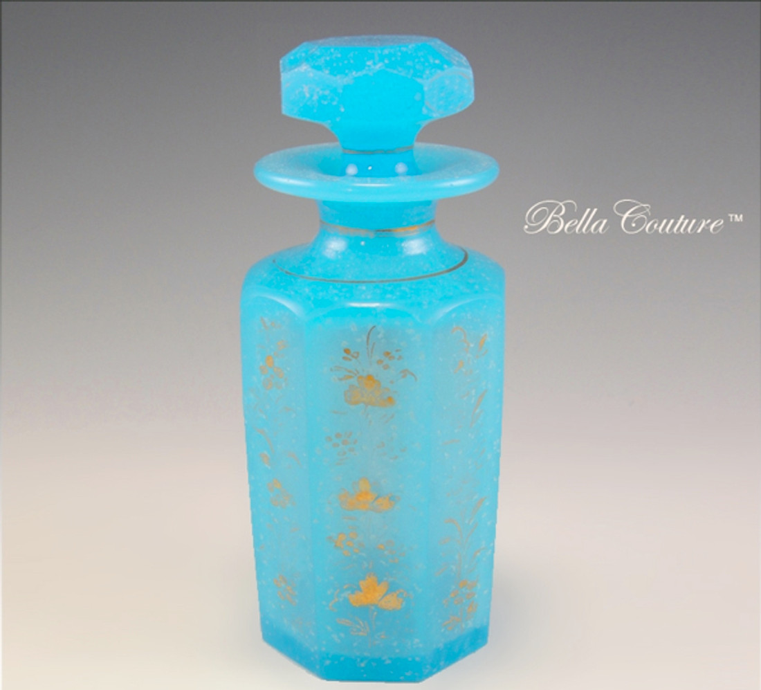 SOLD! - (ANTIQUE) 1800s French Blue Opaline Hand-painted Gold Floral Scent Perfume Bottle