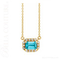 (NEW) BELLA COUTURE® BAYLIE 14K Yellow Gold Solitaire Baguette  6 MM x 4 MM Blue Zircon Link Chain Necklace (18")