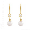 (NEW) BELLA COUTURE® MALISA AKOYA PEARL DIAMOND 14K YELLOW GOLD DANGLE DROP LEVERBACK EARRINGS (1/5 CT. TW.)