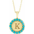 (NEW) BELLA COUTURE® Kendal 14K Yellow Gold Natural Sleeping Beauty Blue Turquoise Round Tag Charm Pendant (18"-16" Adjustable)(Personalize & Engravable)