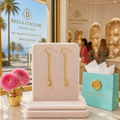 (NEW) BELLA COUTURE® CASHMERE DAINTY WHITE SEED PEARL 14K YELLOW GOLD DANGLE DROP POST CHANDELIER EARRINGS (2")
