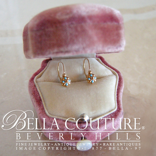 ANTIQUE Rare Danity Victorian 18K Gold Turquoise Flower Earrings