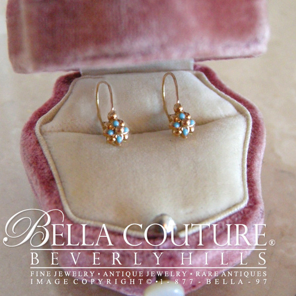 ANTIQUE Rare Danity Victorian 18K Gold Turquoise Flower Earrings