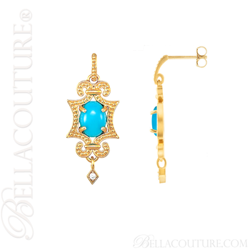(NEW) BELLA COUTURE ETRUSCAN COLLECTION FINE DIAMOND TURQUOISE 14K YELLOW GOLD EARRINGS (NEW) BELLA COUTURE ETRUSCAN COLLECTION FINE DIAMOND TURQUOISE 14K YELLOW GOLD EARRINGS