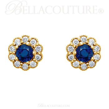 (NEW) BELLA COUTURE® BEVERLY GENUINE SAPPHIRE 14K YELLOW GOLD ROUND GEMSTONE 1/6 CTW DIAMOND HALO EARRINGS (1/6 CT. TW.) (NEW) BELLA COUTURE® BEVERLY GENUINE SAPPHIRE 14K YELLOW GOLD ROUND GEMSTONE 1/6 CTW DIAMOND HALO EARRINGS (1/6 CT. TW.)