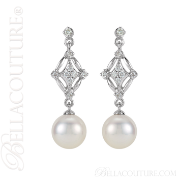 (NEW) BELLA COUTURE LORRIA Gorgeous Fine 1/6 CT Diamond Freshwater Cultured Pearl 14K White Gold Filigree Dangle Drop Post Earrings (NEW) BELLA COUTURE LORRIA Gorgeous Fine 1/6 CT Diamond Freshwater Cultured Pearl 14K White Gold Filigree Dangle Drop Post Earrings