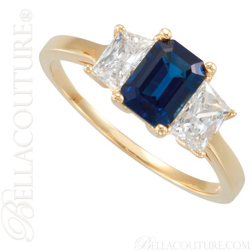 (NEW) BELLA COUTURE THREE STONE BLUE GENUINE SAPPHIRE TRAPEZOID DIAMOND 14K Yellow Gold ENGAGEMENT / ANNIVERSARY RING (3/4 CT. TW.)