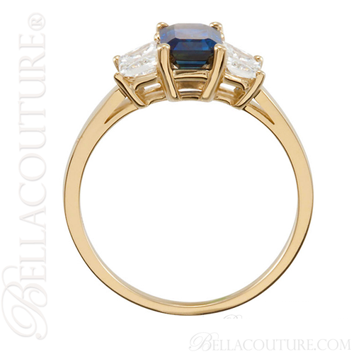 (NEW) BELLA COUTURE THREE STONE BLUE GENUINE SAPPHIRE TRAPEZOID DIAMOND 14K Yellow Gold ENGAGEMENT / ANNIVERSARY RING (3/4 CT. TW.)