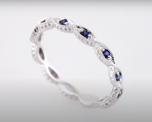 (NEW) BELLA COUTURE FINE GORGEOUS ANTIQUE STYLE GENUINE BLUE SAPPHIRE GEMSTONE 14K WHITE GOLD STACKABLE ANNIVERSARY ETERNITY RING BAND (1/8 CT. TW.)